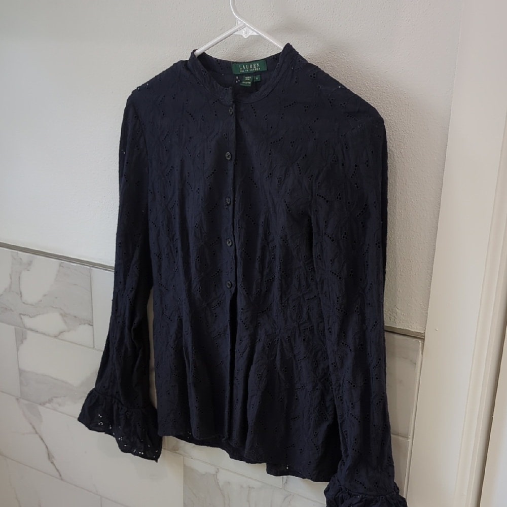Navy Blue Eyelet Button-Up Blouse Ralph Lauren